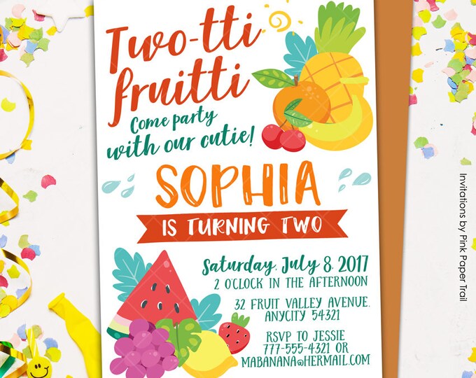 Two-tti Fruitti Birthday Invitation, 2nd Birthday Tropical Fruits Pineapple Watermelon Orange Lemon Stawberry Birthday Party Invitation