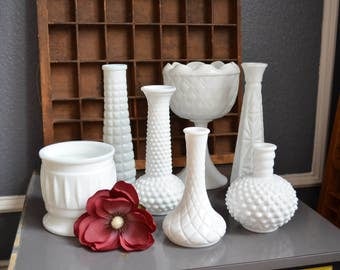 Collection of Seven Vintage Milk Glass Vases White Wedding Table Display Round Flower Holders Lot Tall Hobnail Various Sizes Antique Decor