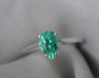 Emerald Ring, Colombian Emerald Solitaire Ring 1.58 Carats Certified At 1,250.00, Sterling Silver, Genuine Emerald Jewelry, Pear Cut