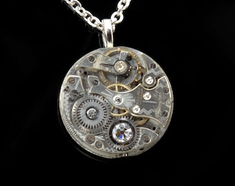 APRIL Steampunk Necklace Steam Punk Jewelry Antique Pocket Watch Necklace Silver Necklace Industrial Steampunk Jewelry Victorian Curiosities