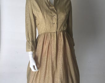 Vintage 1950s Dress - Gold Metallic Day Dress with Rhinestones