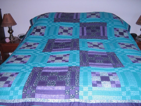 Teal And Purple Print Patchwork Quilt