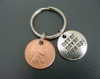 Never Give Up Keychain / Lucky Penny Keychain /Zipper Pull / Motivational Keychain / Inspirational Coin Keychain / Copper Keychain /