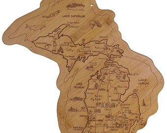 Engraved Michigan Destinations Board - Michigan Shaped Bamboo Cutting Board, Custom Engraved - Wedding Gift, Couples Gift, Housewarming Gift