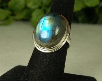 Labradorite Ring, Size 8, Electric Blue, Oval Labradorite, Spectrolite, Sterling Silver, Natural Labradorite, Big Blue Labradorite