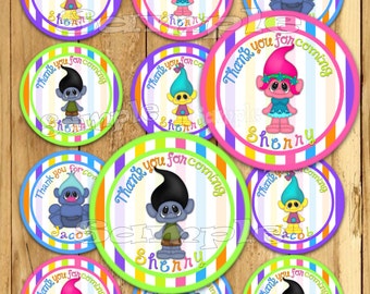 Boy or Girl Thank you tags Troll stickers Troll Party favor tags Custom Gift tags Cupcake toppers Birthday Party tags PRECUT