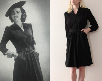 vintage 1940s dress // 40s black silk dress with belt