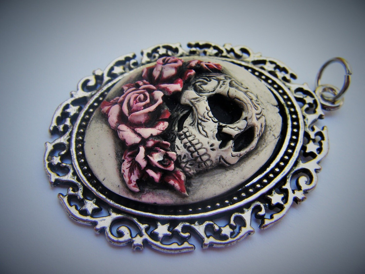 Skull And Red Roses Large Cameo Necklace Hand Painted