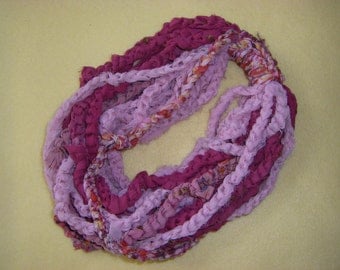 Recycled Sari Silk Infinity Scarf Necklace, fair trade, shades of pink chiffon with embroidery and floral patterns, saree silk art yarn