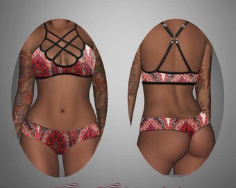 BIANCA - pink paisley reversible thong panties & SIENNA - basket weave strappy bralette top - Super soft, ultra comfortable!