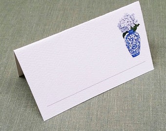 Place Cards with Blue and White Ginger Jar and Hydrangea, set of 12