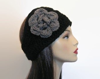 Black Crochet Headband with Flower Black Ear Warmer Black Earwarmer with Flower Thick Headband Thick Knit Head wrap Extra Wide Headband