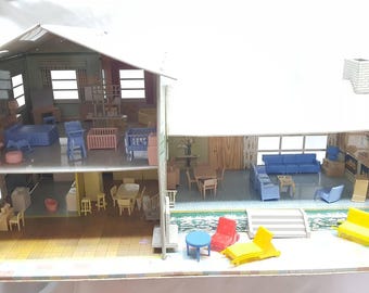 Louis Marx Split Level Tin Litho Dollhouse Beautiful Half inch Scale home Contemporary with Furniture