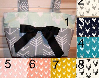 Diaper bag, handbag, purse, book bag..Floral Deer N Arrows..With Name and Bow. You choose Color of arrows and size. Add font in message.