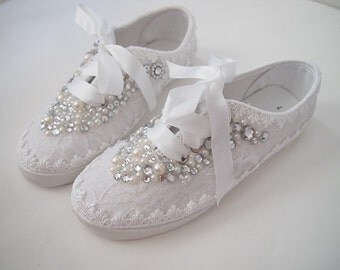 Wedding Bridal Sneakers Tennis Shoes - chic white lace or Ivory cream - Rhinestone Pearls adorned - eyelet trim - Shabby vintage inspired