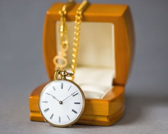 Antique pocket watch solid 14K gold, small cylinder 8 rubis pocket watch, keywind watch chain, roman numerals women pocket watch open face
