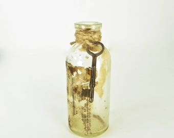Vintage Apothecary Bottle with Skeleton Key, Old Medicine Bottle