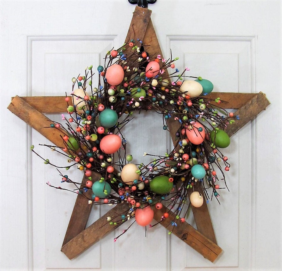 READY To SHIP - Wreath SALE - Primitive Easter Star - Easter Egg Wreath - Front Door Decor - Rustic Wreath - Tobacco Lathe Star - Texas Star