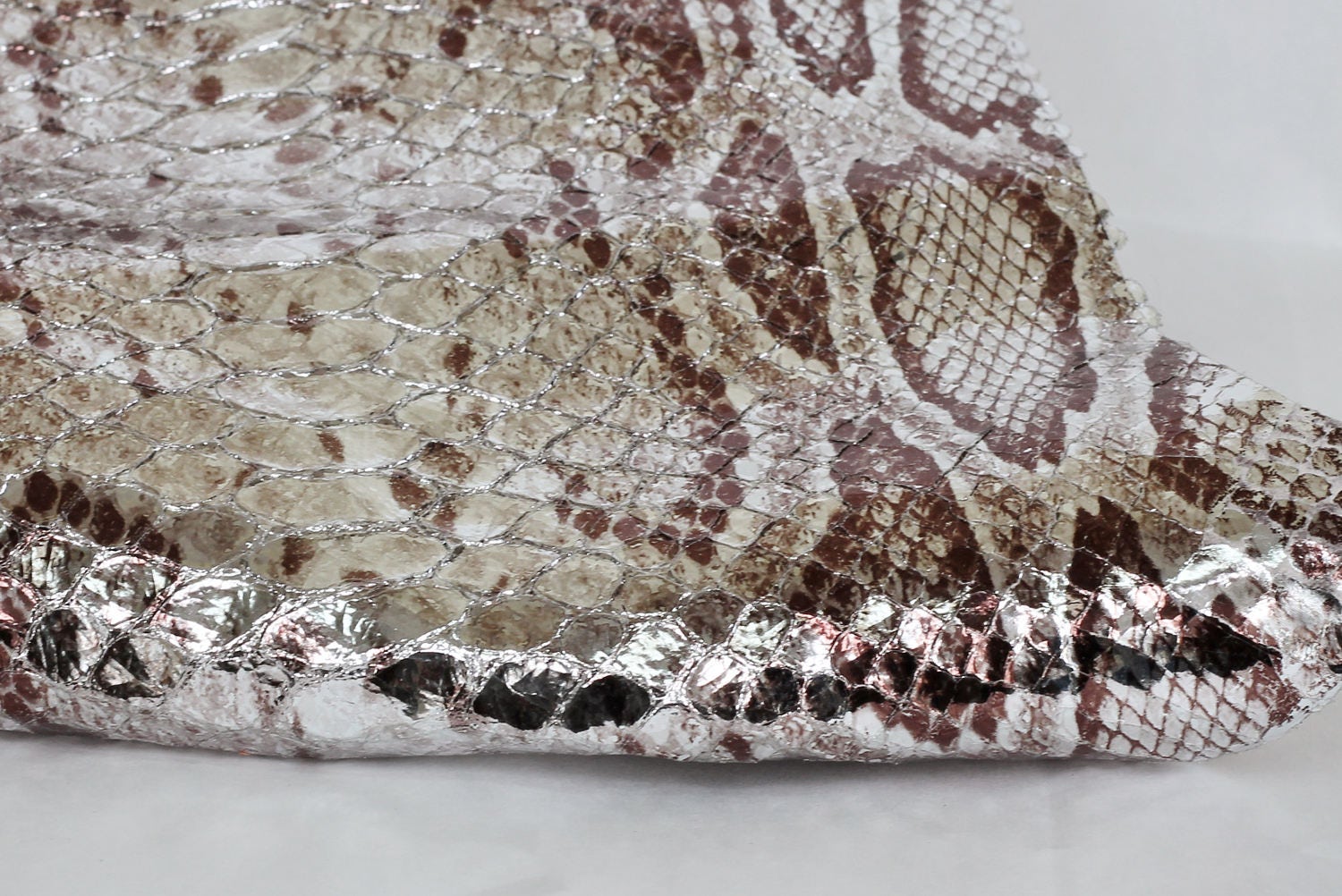 New Snakeskin Print Genuine Leather, Metallic Silver and Brown Goat ...