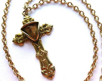 OOAK GOLDTONE Cross Pendant, Fleur di Lis Gold Cross with Center Stone, Customized Goldtone Cross & Neck Chain, Cross Pendant Necklace