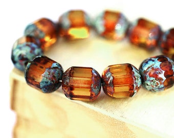 Fire Polished Amber Topaz beads, Picasso czech glass round cut 8mm beads - 15Pc - 0011