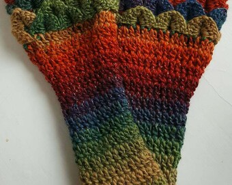 Handmade crochet crocodile gauntlet dragon scale gloves arm warmers wrist warmers 100% rainbow acrylic made in snowdonia Wales uk