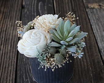 Small Floral Arrangement, Wedding Reception Centerpiece, Succulent, Sola Wood Flowers, Faux Flowers, Home Decor, Wedding Decor