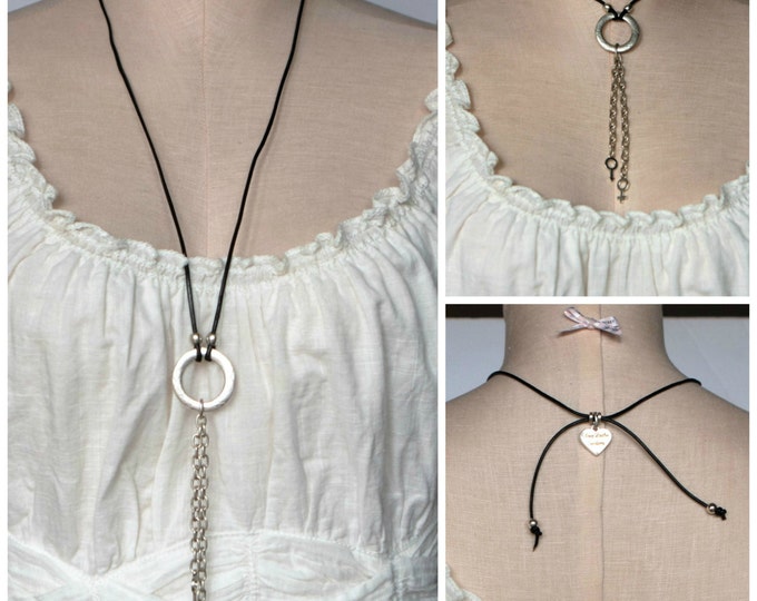 Women fashion necklace, leather and silver necklace ,circle of life leather necklace ,two in one necklace, gift for her