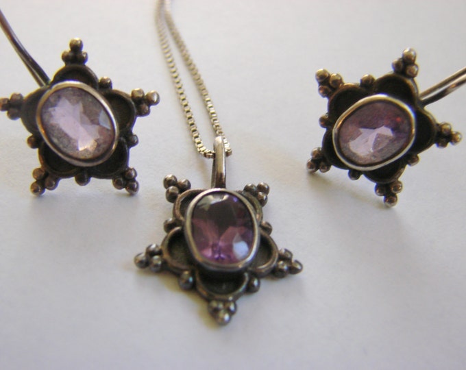 Vintage Sterling Amethyst Pendant Necklace Earrings Demi Parure Jewelry Jewellery