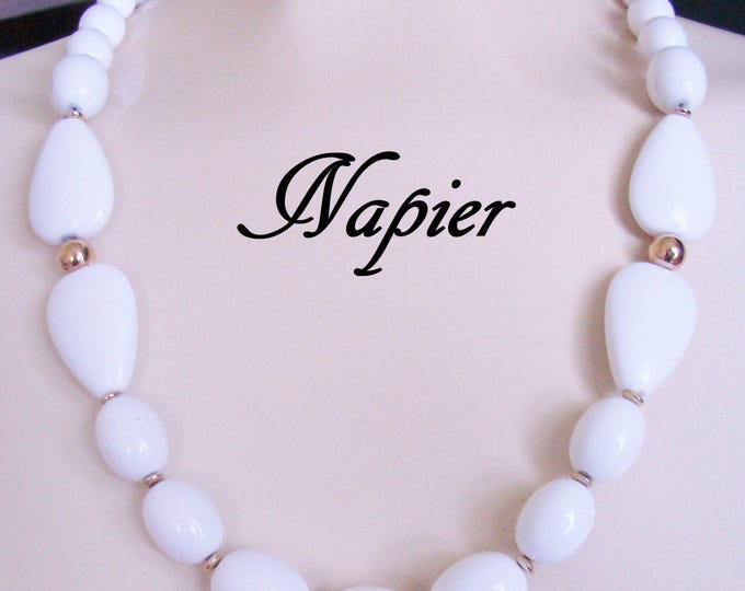 80s Vintage Napier White Lucite Bead Necklace / Designer Signed / Goldtone Beads / Vintage Jewelry / Jewellery