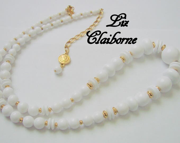 Vintage Liz Claiborne White Lucite Bead Necklace / Goldtone / Designer Signed / Graduated Beads / Jewelry / Jewellery