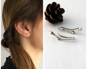 twig and buds ear climbers sterling silver botanical earrings blueberry twig