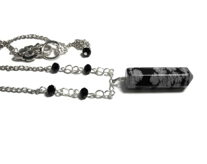 FREE SHIPPING Snowflake Obsidian necklace, bullet pendant, black Swarovski crystals, infinity connectors, silver plated chain, gemstone