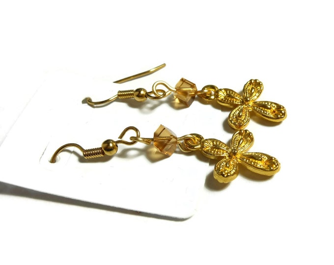 FREE SHIPPING Small cross earrings, gold tone ornate crosses, gold plated french wires, champagne Swarovski crystals, dangle earrings