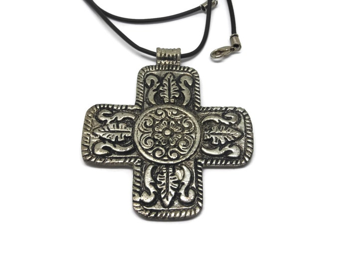 FREE SHIPPING Large unisex cross pendant, antiqued silver Swiss cross, ornate men or woman's cross, on black cord with extender chain