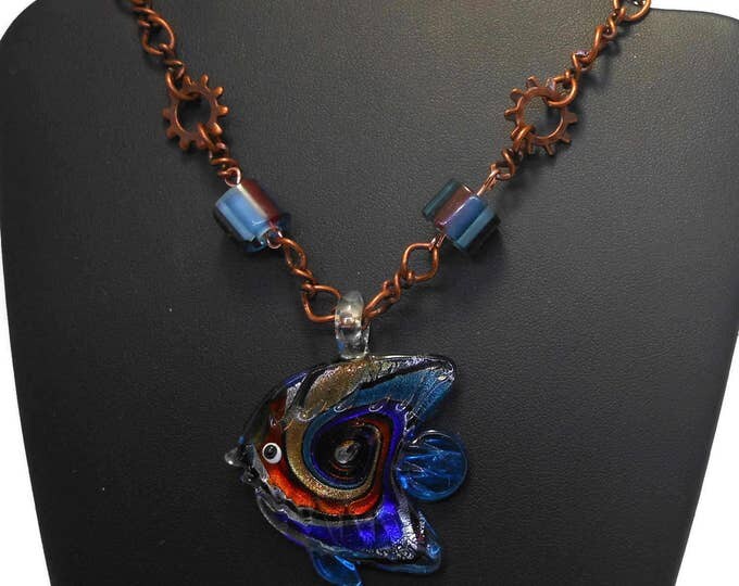FREE SHIPPING Lampwork glass fish necklace, multicolored pendant, silver foil & gold glitter, swirl antiqued copper chain cane glass accents