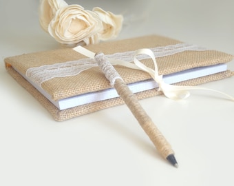 Natural Burlap Guest Book and Pen set for your Rustic Wedding - Cottage Chic Rustic Burlap Lace Guest Book and Pen Set