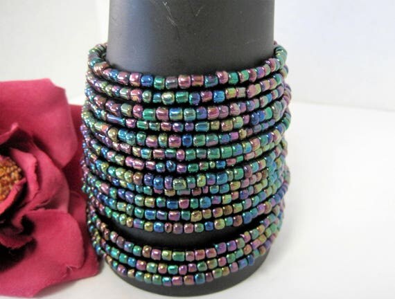 Glass Bead Wire Bracelet - Mod Iridescent Wrap Bracelet - Purple Green Memory Wire - 15 rows of Wired Beads