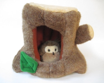Vintage Alfa Stuffed Tree Trunk with Baby Owl