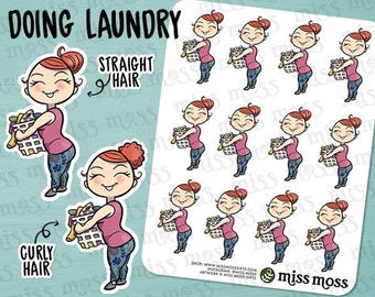 Light Skin Laundry Girl Plus Size Curvy Planner Stickers, White Caucasian Asian - Erin Condren, Happy Planner, Filofax, Miss Moss Decorative
