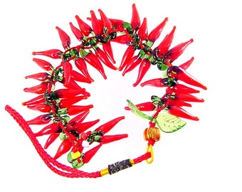 50 glass red hot chili peppers handmade bead strand 2046P