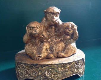 Incense Burner, hear no evil, speak no evil, see no evil, Monkeys, Sitting, Metal, Gold Tone