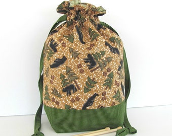 Black Bear Knitting Bag Yarn Knitting Project Bag, Socks Bag, WIP Drawstring Knitting Tote Bear in the Woods