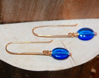 Blue Dangle Earrings, Blue Glass 14k Gold Filled Long Dangle Earrings, Short Dangle Earrings, Sterling Silver Earrings, Bronze Earrings