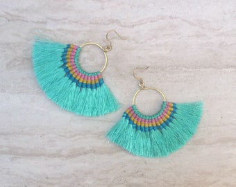 Aqua Tassel Hoop Earrings Large Tassle Fringe Earrings Tassel Chandeliers Tassel Statement Earrings