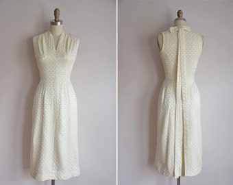 50s Star Gazing dress/ vintage 1950s wiggle dress/ vintage cream bombshell dress