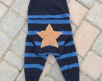 Cloth Diaper Cover, Wool Soaker Cover, Upcycled, Longies, Wool Pants - Blue Stripes with a Star Applique - Size Large