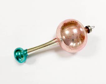 CHRISTMAS TREE ORNAMENT - Pink Aqua Silver - Vintage - Glass - Barbell - Balls - German Ornament - Pink Ornament - Aqua Ornament