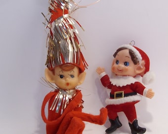 Pixie Elf and Santa Elf Mid Century Retro Vintage Christmas Ornaments