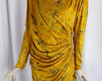 70s EMANUEL UNGARO Parallele Paris chrome yellow jacquard silk blouse/wrap with side button/Dynasty style shoulders: US size 8